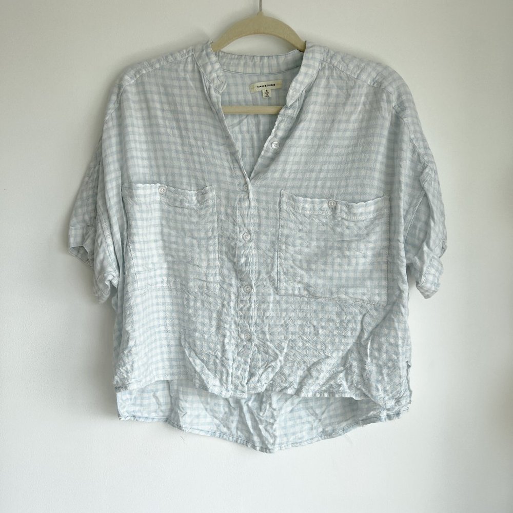 Frosty Blue Gingham Button Down Crop - Super Soft, Not See Through - Picture 2 of 7